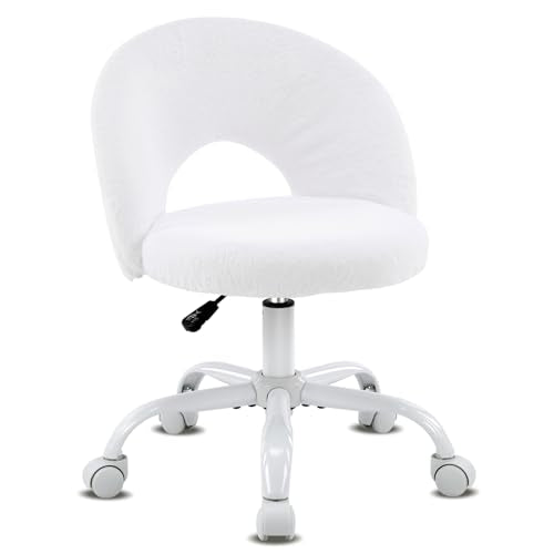 VINGLI Small Vanity Chair with Faux Fur Wheels for Girls,Cute Adjustable Height Armless Office Desk Chair,360°Swivel Comfy Rolling for Study,Make up Room,Small Space,White - color: Furry White