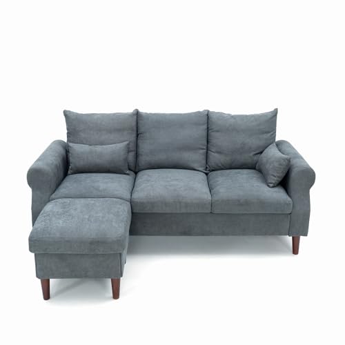 Panana 3 Seater Sofa with Footstool Set, Rolled Arm Classic Couch, Solid Wood Legs Settee for Small Living Room Office Lounge (Gray, 3 Seater with Ottoman) - color: Gray Linen Fabric, size: 3 seater with ottoman