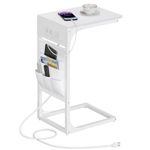 TUTOTAK C Shaped End Table with Charging Station, Side Table for Sofa | Couch Table with Storage Bag, TV Tray with 2 USB Ports and Outlets, Living Room and Bedroom, White TB01BW024 - color: White, size: 1 Pack (11.8"W), style: With Plug
