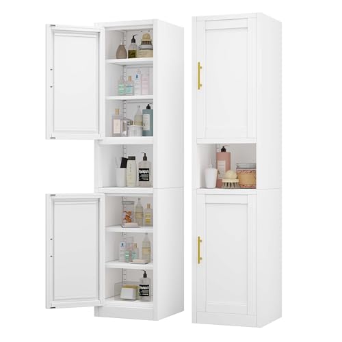 pozdeg 67" White Metal Tall Narrow Bathroom Storage Cabinet | 2 Doors, 4 Adjustable Shelves, Freestanding Slim Pantry Organizer for Bathroom Kitchen Living Room - color: White, size: 11.81"D x 15.75"W x 67"H