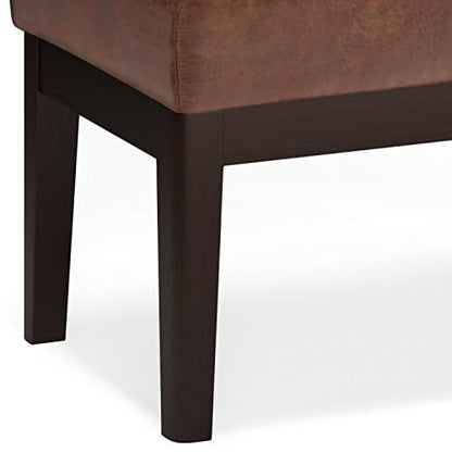 SIMPLIHOME Carlson 27" Wide Woven Fabric Rectangle Ottoman in Saddle Brown | Distressed saddle brown, mid-century modern ottoman with a padded seat for bedroom or living room; footstool or bench. - color: Distressed Saddle Brown, style: Small Ottoman Benc