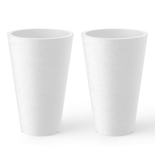 Kante Set of 2 White Plastic Round Planters 15" Tall Home & Outdoor | Tapered, Nursery Pot & Outer Cachepot, Indoor Use, Modern Garden Decor, Weather-Resistant, Drainage, Lightweight, Durable - color: White, size: 15" H