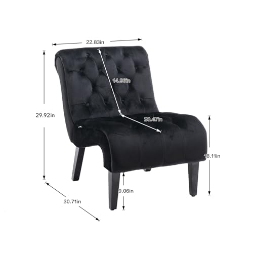 Comfy Velvet Accent Chair, Tufted Armless Side Chair with Rolled Edge | Modern Small Lounger for Living Room, Upholstered Reading Chaise Lounge with Solid Rubber Wood Legs, Black - color: Deep Black, size: Set of 1