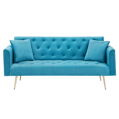 71" Modern Velvet Sofa Bed Futon, Convertible Sleeper Couch, Adj. Backrest | Tufted Recliner Loveseat Design with Golden Chrome Legs & 2 Pillows, Perfect for Small Spaces, Living Room, Apartment - color: Light Blue