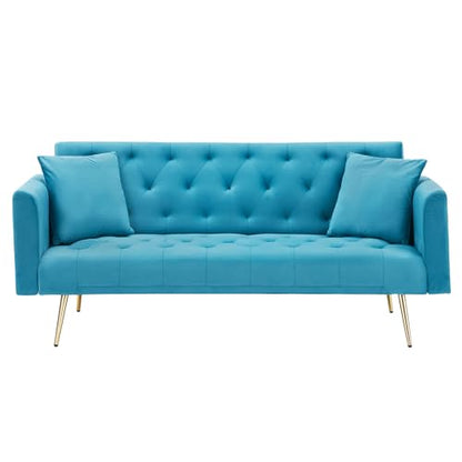 71" Modern Velvet Sofa Bed Futon, Convertible Sleeper Couch, Adj. Backrest | Tufted Recliner Loveseat Design with Golden Chrome Legs & 2 Pillows, Perfect for Small Spaces, Living Room, Apartment - color: Light Blue