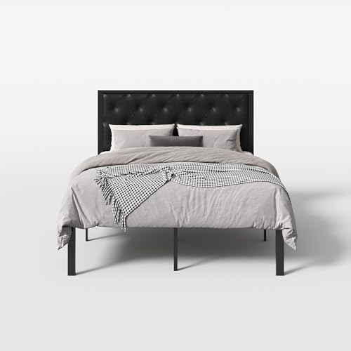SHA CERLIN Queen Size Metal Bed Frame with PU Tufted Headboard, Black | Modern Design Heavy-Duty Platform Bed, No Box Spring Need, PU Leather Upholstery, Noise Free, Easy Assembly - color: Black, size: Queen
