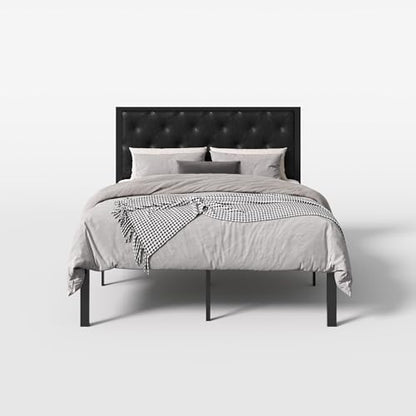 SHA CERLIN Queen Size Metal Bed Frame with PU Tufted Headboard, Black | Modern Design Heavy-Duty Platform Bed, No Box Spring Need, PU Leather Upholstery, Noise Free, Easy Assembly - color: Black, size: Queen
