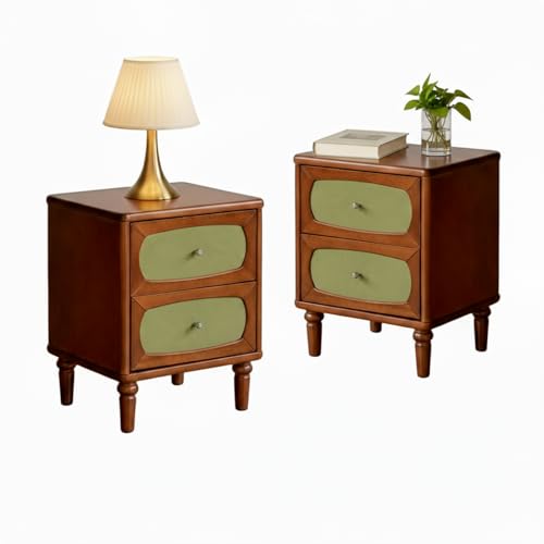 100% Solid Wood Nightstand Set of 2, Mid Century Modern Nightstand, Vintage Night Stand, Wooden Nightstands with 2 Drawers, Small Bedside Table for Bedroom (Green Velvet Drawer, Teak Finish) - color: Teak-2