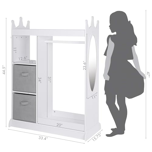 UTEX Kids Dress up Storage with Crown-Shaped Design and 2 Fabric Bins | See and Store Kids Wardrobe, Toddler Dress Up Rack, Open Hanging Armoire Closet, Water-based Paint, Princess Style - color: White