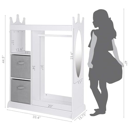 UTEX Kids Dress up Storage with Crown-Shaped Design and 2 Fabric Bins | See and Store Kids Wardrobe, Toddler Dress Up Rack, Open Hanging Armoire Closet, Water-based Paint, Princess Style - color: White
