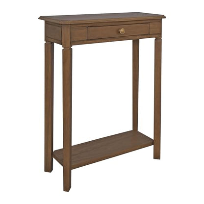 Marnie Natural Narrow Console Table for Entryway with Drawer | 23.75-inch slim hallway table with lower shelf, natural wood finish, French country storage furniture for small spaces - color: Brown