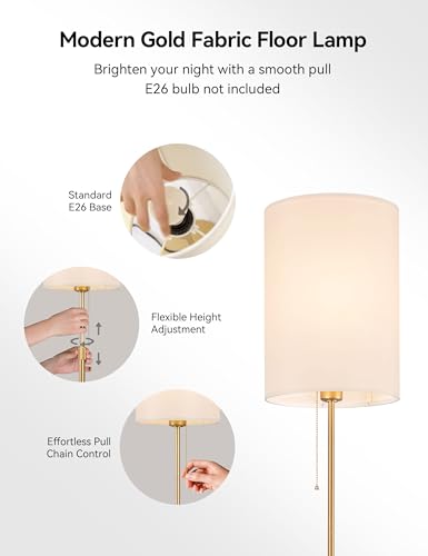 Tubicen Gold Floor Lamp with Pull Chain Fabric Dimmable Corner Tall Lamp | Modern Slim Narrow Standing Lamp 61"H Tall Adjustable Floor Lamp for Living Room Bedroom Office Dining Room, Space-Saving