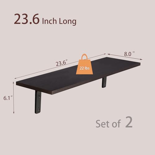 Long Wall Shelves, 23.6Inch Wooden Wall Mounted Shelves, Set of 2 | Floating Book Shelves, Metal Brackets, Easy Assembly, Max Load 22lbs, Wall Storage Ledges, Bedroom/Bathroom/Kitchen, Espresso - color: Espresso, size: 23.6 Inch