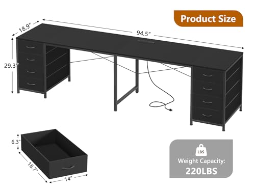 95" 2 Person Desk with 8 Fabric Drawers for Home Office, Living Room | Long Computer Desk Office Desks with Storage, Two Person Double Desks with Power Outlets, Black - color: Black, size: 18.9"D x 94.5"W x 29.3"H
