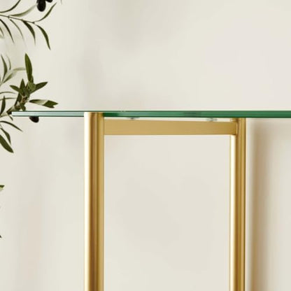 LumFurn Glass Console Table for Living Room, Foyer & Entrance, 2-Tiers Mid-Century Modern Sofa Table with Clear Glass Top, Walnut Finish Wood Top and Gold Finish Metal Frame - color: L40.9" Clear & Walnut