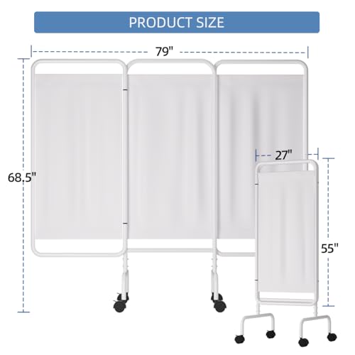 INNOVART 3-Panel Mobile Medical Privacy Screen Room Divider with Wheels, Foldable Flame Retardant Vinyl Room Divider Panels Easy for Storage, Portable Partition Dividers for Hospitals, Clinics, Salons - size: 79"W x 68"H