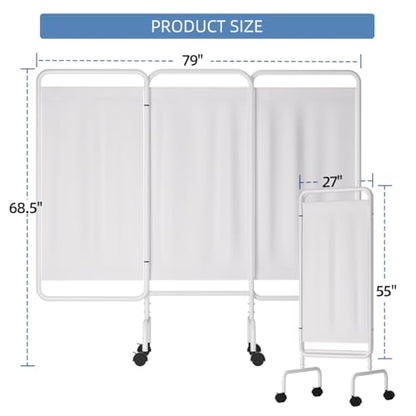 INNOVART 3-Panel Mobile Medical Privacy Screen Room Divider with Wheels, Foldable Flame Retardant Vinyl Room Divider Panels Easy for Storage, Portable Partition Dividers for Hospitals, Clinics, Salons - size: 79"W x 68"H