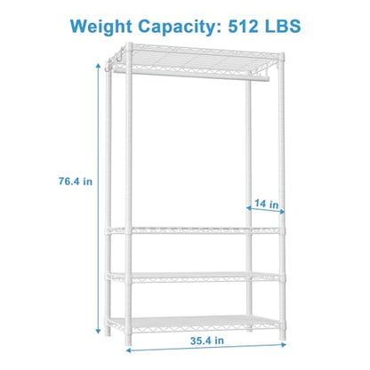 H4 Portable Closets, 4-Tier Metal Clothes Garment Rack for Bedroom and Cloakroom, Clothing Closet Storage and Organizer Wardrobe, 35.4" W x 14" D x 76.4" H, White | White Freestanding Clothing Closet Storage and Organizer Wardrobe for Apartment and Cloakr
