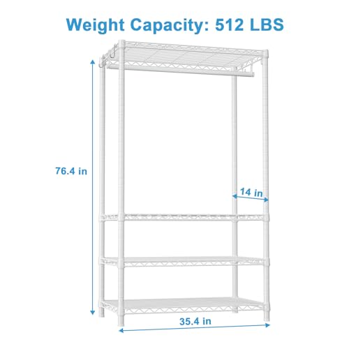 H4 Portable Closets, 4-Tier Metal Clothes Garment Rack for Bedroom and Cloakroom, Clothing Closet Storage and Organizer Wardrobe, 35.4" W x 14" D x 76.4" H, White | White Freestanding Clothing Closet Storage and Organizer Wardrobe for Apartment and Cloakr