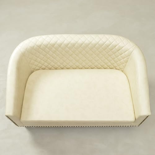 KINWELL 50" Faux Leather Loveseat with 2 Swivel Barrel Accent Chairs, Cream | PU Upholstered Tufted Minimalist 2-Seater Couch Sofa and Set of 2 Vegan Leather Swivel Armchairs for Small Spaces Apartment - color: Cream, style: 2 Chairs + Loveseat