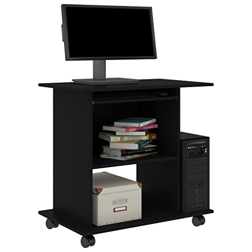 Mobile Computer Desk with Shelf, Matte Black Engineered Wood | Features rollable wheels and a compact rectangular design, ideal for home offices, apartments, and small spaces. - color: Black, size: Compact