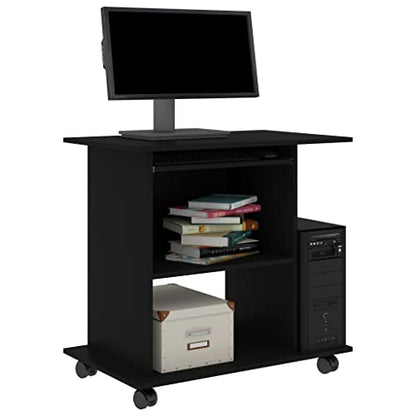 Mobile Computer Desk with Shelf, Matte Black Engineered Wood | Features rollable wheels and a compact rectangular design, ideal for home offices, apartments, and small spaces. - color: Black, size: Compact