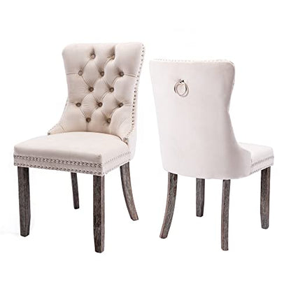 Virabit Tufted Velvet Upholstered Chairs Set of 2, Nailhead Back and Ring Pull Trim, Solid Wood Chairs for Kitchen/Bedroom/Dining Room (Beige) - color: Beige, size: set of 2