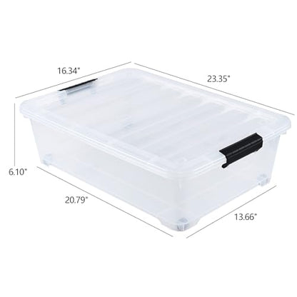 Vababa 25 L Wheeled Under Bed Clear Plastic Storage Bins with Lid, Set of 4 | Clear Plastic Material, Side Latch Clasps, Detachable Rolling Wheels, Low Under Bed Profile Design,For Household Organizers