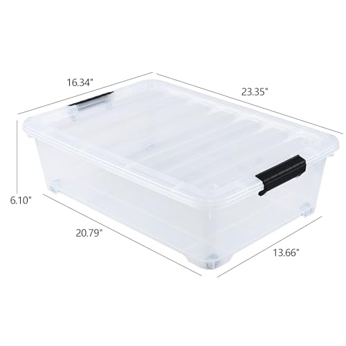 Vababa 25 L Wheeled Under Bed Clear Plastic Storage Bins with Lid, Set of 4 | Clear Plastic Material, Side Latch Clasps, Detachable Rolling Wheels, Low Under Bed Profile Design,For Household Organizers