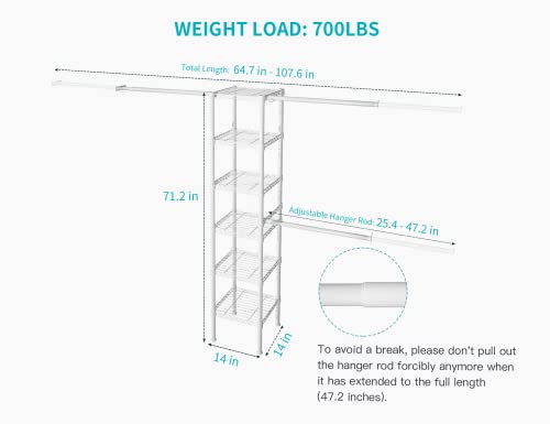M1 Closet Storage Organizer System, 6 Tiers Heavy Duty Metal Garment Rack with 3 Expandable Hanger Rods, Wall Mounted Space Saver Suits from 5.4-8.7 ft. Width, 71.2”H x 14”D, 700LBS, White - color: White