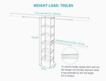 M1 Closet Storage Organizer System, 6 Tiers Heavy Duty Metal Garment Rack with 3 Expandable Hanger Rods, Wall Mounted Space Saver Suits from 5.4-8.7 ft. Width, 71.2”H x 14”D, 700LBS, White - color: White