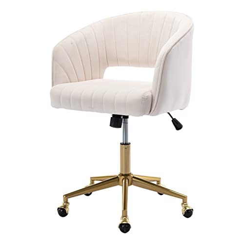 Velvet Office Desk Chair, Upholstered Home Office Desk Chairs with Adjustable Swivel Wheels, Ergonomic Office Chair for Living Room, Bedroom, Office, Vanity Study (Beige) - color: Beige