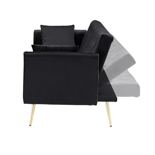 71" Modern Velvet Sofa Bed Futon, Convertible Sleeper Couch, Adj. Backrest | Tufted Recliner Loveseat Design with Golden Chrome Legs & 2 Pillows, Perfect for Small Spaces, Living Room, Apartment - color: Black