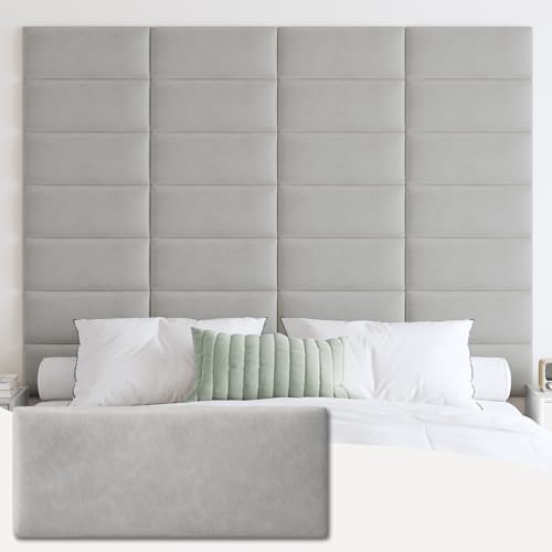 IFNOW Wall Mounted Headboard, Peel and Stick Panels, Light Grey, Queen | Upholstered 3D Soundproof Acoustic Panels, Reusable and Removable, Padded Leather Bed Headboard, 9 Panels, 9.84" x 23.62" - color: Leather-light Grey, size: Queen
