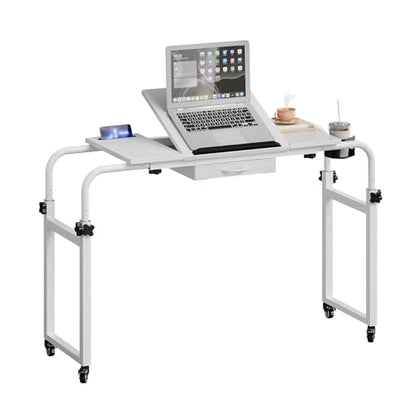 GiftGo Overbed Table with Wheels Rolling Laptop Desk Cart Table Height and Length Adjustable for Hospital and Home Use Over The Bed Table with Storage Drawer and Cup Holder (White, 31.5 to 47) - color: White