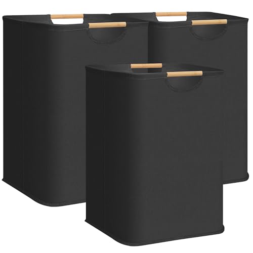 STORAGE MANIAC 3-Pack Large Laundry Hamper, 100L (26.4 Gal) Collapsible Laundry Basket with Bamboo Handles, Freestanding Waterproof Clothes Hamper for Laundry Room, Bedroom, Dorm, Towels, Black - color: Black, size: 100L x 3