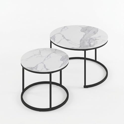 Round Coffee Tables for Living Room，Set of 2 (Marble) | living room side table, Modern Nesting Drink for Small Spaces - color: Marble