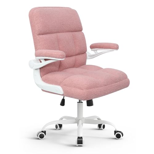 Office Chair with Wheels, Ergonomic Computer Desk Chair with Flip-up Armrest, Adjustable Rolling Swivel Chair Teddy Fleece – Dusty Pink - color: Dirty Pink