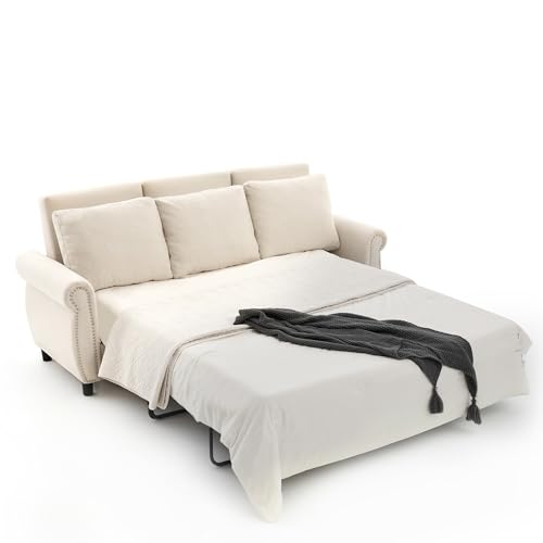 Queen Sleeper Loveseat Sofa Bed, 3 in 1 Convertible Pull Out Couch Bed with Thick Memory Foam Mattress Included, 3 Seater Upholstered RV Furniture Living Room Apartment Small Space (Cream Linen)