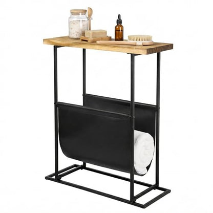 MyGift 21-Inch Modern Narrow Living Room End Table with Solid Burnt Wood Tabletop and Black Metal Frame, Bedroom Nightstand Side Table with Magazine Holder Sling