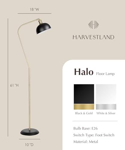 HarvestLand Halo Brass Floor Lamp with Adjustable Reading Light | Adjustable reading light, solid metal base, E26 bulb compatible. - color: BK