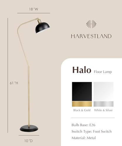 HarvestLand Halo Brass Floor Lamp with Adjustable Reading Light | Adjustable reading light, solid metal base, E26 bulb compatible. - color: BK