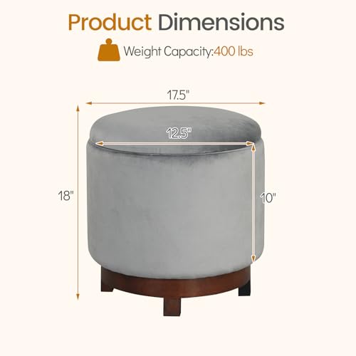 Giantex Round Ottoman with Storage, 360° Swivel Velvet Vanity Stool with Removable Lid, Wood Frame & Legs, Ottoman Foot Rest for Living Room, Bedroom, Makeup Room No Assembly (Gray & Walnut) - color: Gray & Walnut