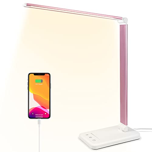 Led Desk Lamp, Desk Lamp with USB Charging Port, 5 Color Modes, 10 Brightness, Natural Light, Eye Caring Reading Lamp, Desk Light for Home Office, Table Lamp, Touch Control, Auto-Timer, Pink - color: Pink