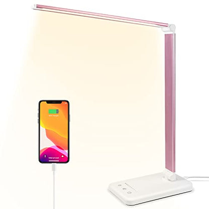 Led Desk Lamp, Desk Lamp with USB Charging Port, 5 Color Modes, 10 Brightness, Natural Light, Eye Caring Reading Lamp, Desk Light for Home Office, Table Lamp, Touch Control, Auto-Timer, Pink - color: Pink