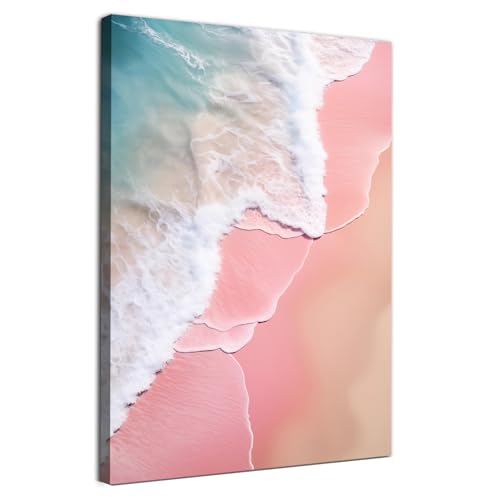 Pink Blue Beach Canvas Wall Art Coastal Themed Beach Landscape Painting Sea Coast Wall Art Pink Coastal Aesthetic Prints Ocean Pink Artwork Sea Preppy Pictures Ocean Waves Poster 16x24inch No Frame - color: A2Unframed