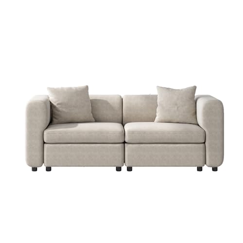 Velvet Loveseat Sofa, Modern Modular Sofa with 2 Pillows, 2-Seat Sofa Sectional Couch with Extra Deep Seats for Living Room, Apartment, Office, Small Space, Beige (No Ottoman), 76.38" L - size: 2 Seat Sofa (No Ottoman)