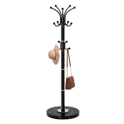 Coat Rack Stand 360°Rotary Coat Rack Freestanding with 16 Hooks | Modern Metal Coat Rack with Natural Marble Base,Coat Hanger Stand, Black Coat Hall Clothes Tree for Hallway,Entryway,Office - color: Black-16Hooks