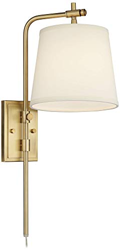 Seline Warm Gold Adjustable Plug-In Wall Lamp with Dimmer Light Fixture | Modern Mounted Dimmable Metal Off White Tapered Drum Shade for Bedroom Bedside House Reading Living Room Home Hallway Dining