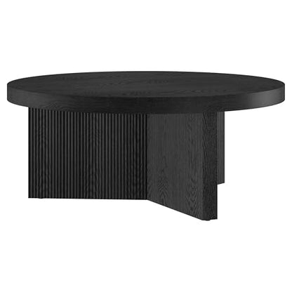 Henn&Hart 36" Scandinavian Fluted Coffee Table, Natural Black | Ribbed pedestal base and low profile bring Scandinavian style to small spaces including living rooms or family rooms - color: Natural Black, size: 36 inches